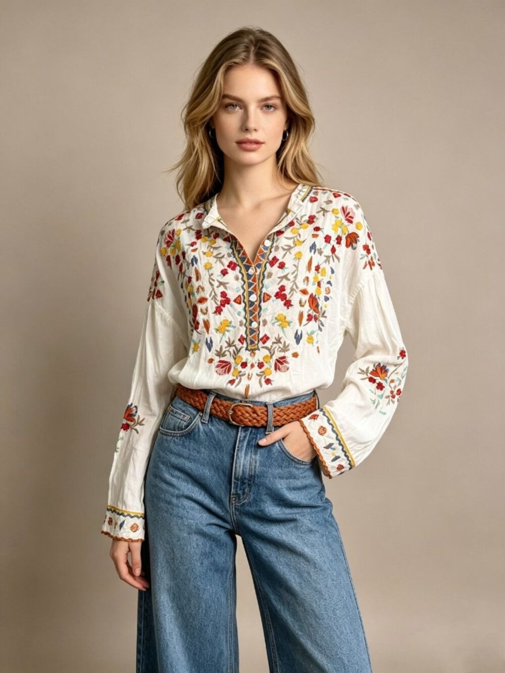 NWOT Johnny Was Biya Floral Embroidered Long Sleeves Shirt Blouse Size M